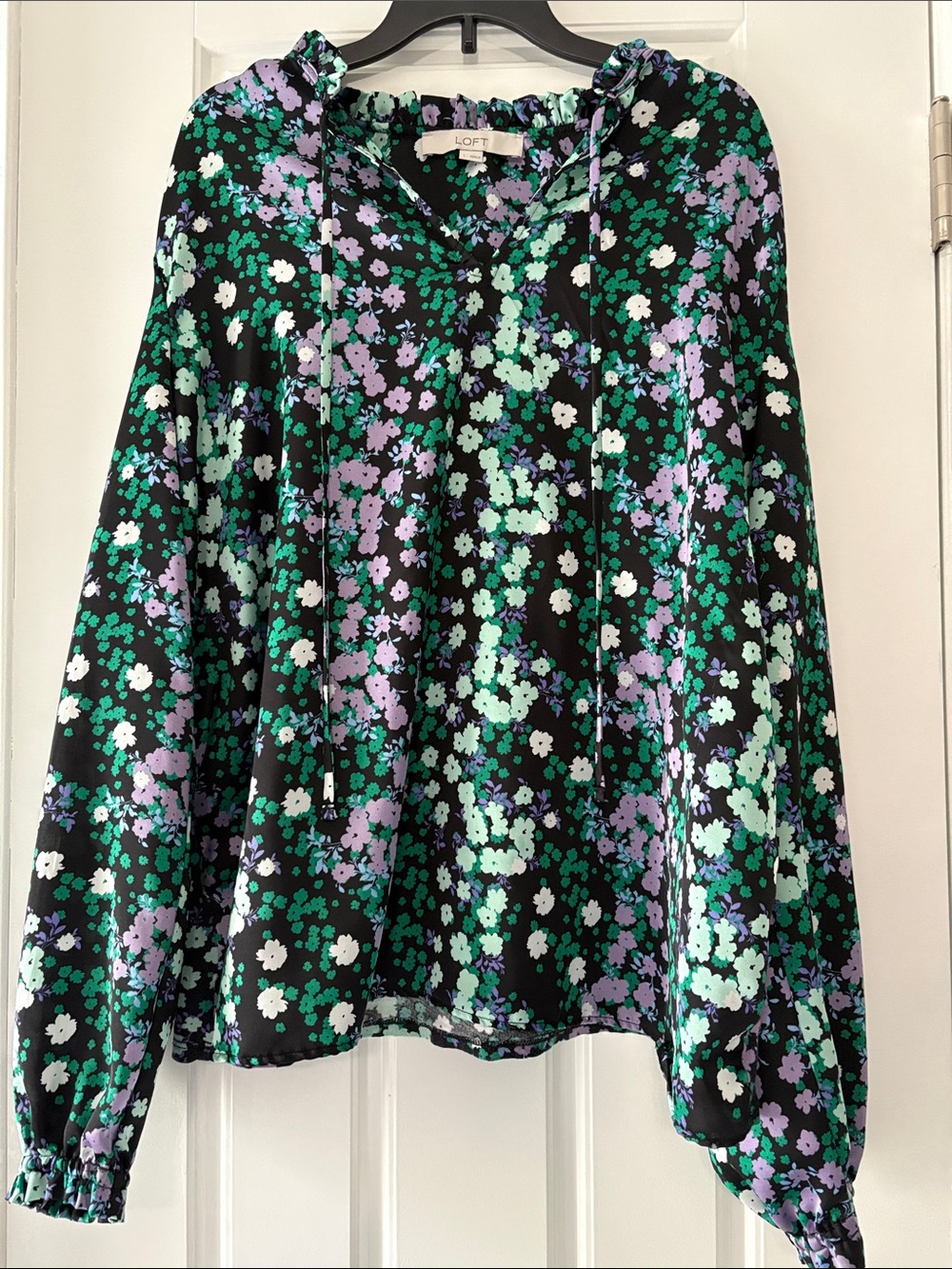 LOFT Black Floral Peasant Blouse with Green & Lavender Print